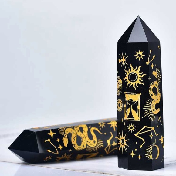 New Natural Obsidian Carved Artisan Sun 24k Gold Tower Point Crystal Decoration - Picture 2 of 16